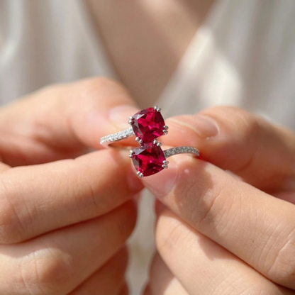 Cushion Red Lab Grown Ruby Silver Bypass Dual Stone Ring