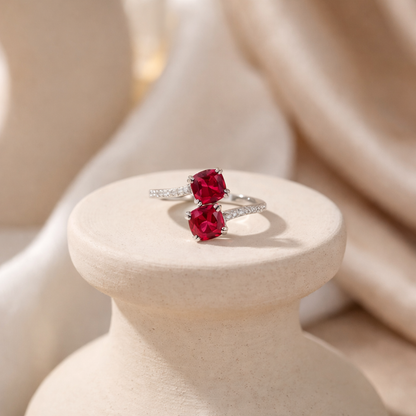 Cushion Red Lab Grown Ruby Silver Bypass Dual Stone Ring