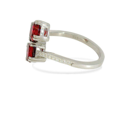 Cushion Red Lab Grown Ruby Silver Bypass Dual Stone Ring