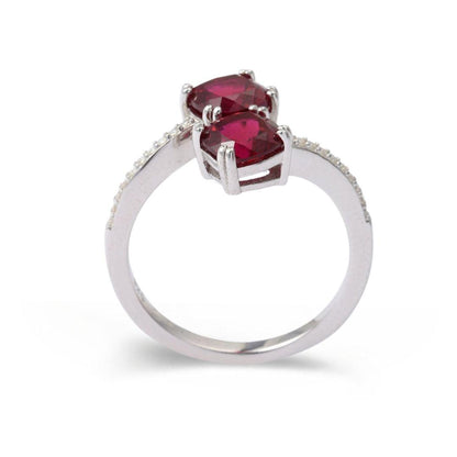 Cushion Red Lab Grown Ruby Silver Bypass Dual Stone Ring