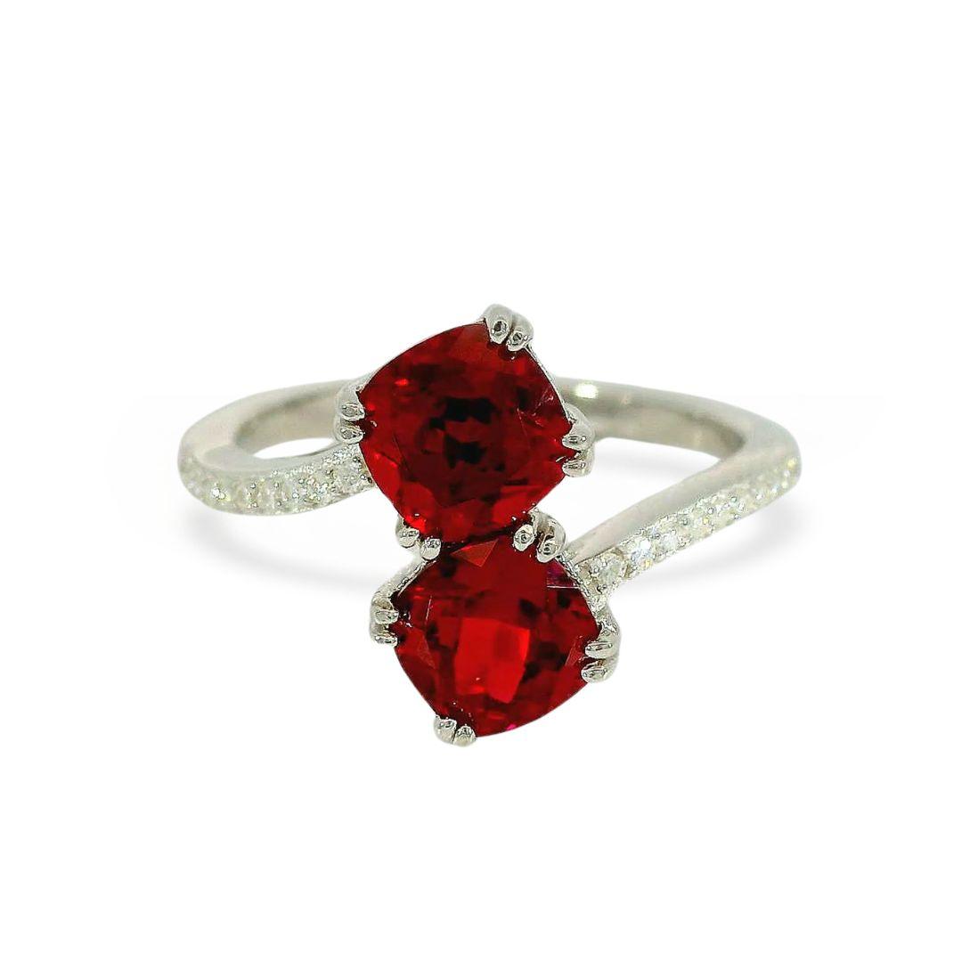 Cushion Red Lab Grown Ruby Silver Bypass Dual Stone Ring