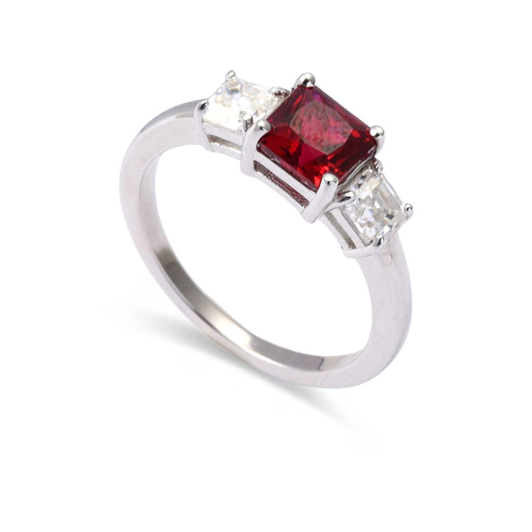 Octagon Red Lab Grown Ruby Prong Silver Three Stone Promise Ring