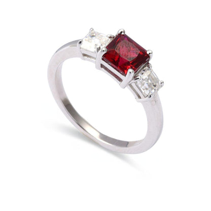 Octagon Red Lab Grown Ruby Prong Silver Three Stone Promise Ring