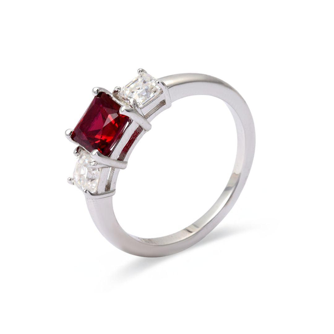 Octagon Red Lab Grown Ruby Prong Silver Three Stone Promise Ring