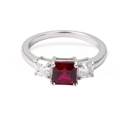 Octagon Red Lab Grown Ruby Prong Silver Three Stone Promise Ring