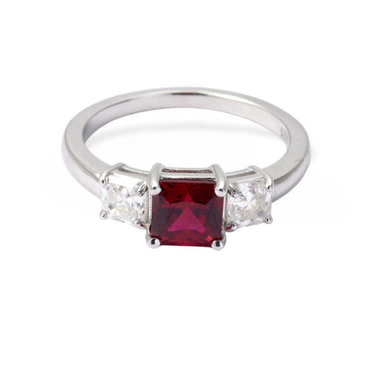 Octagon Red Lab Grown Ruby Prong Silver Three Stone Promise Ring