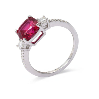 Cushion Red Lab Grown Ruby Prong Silver Three Stone Ring