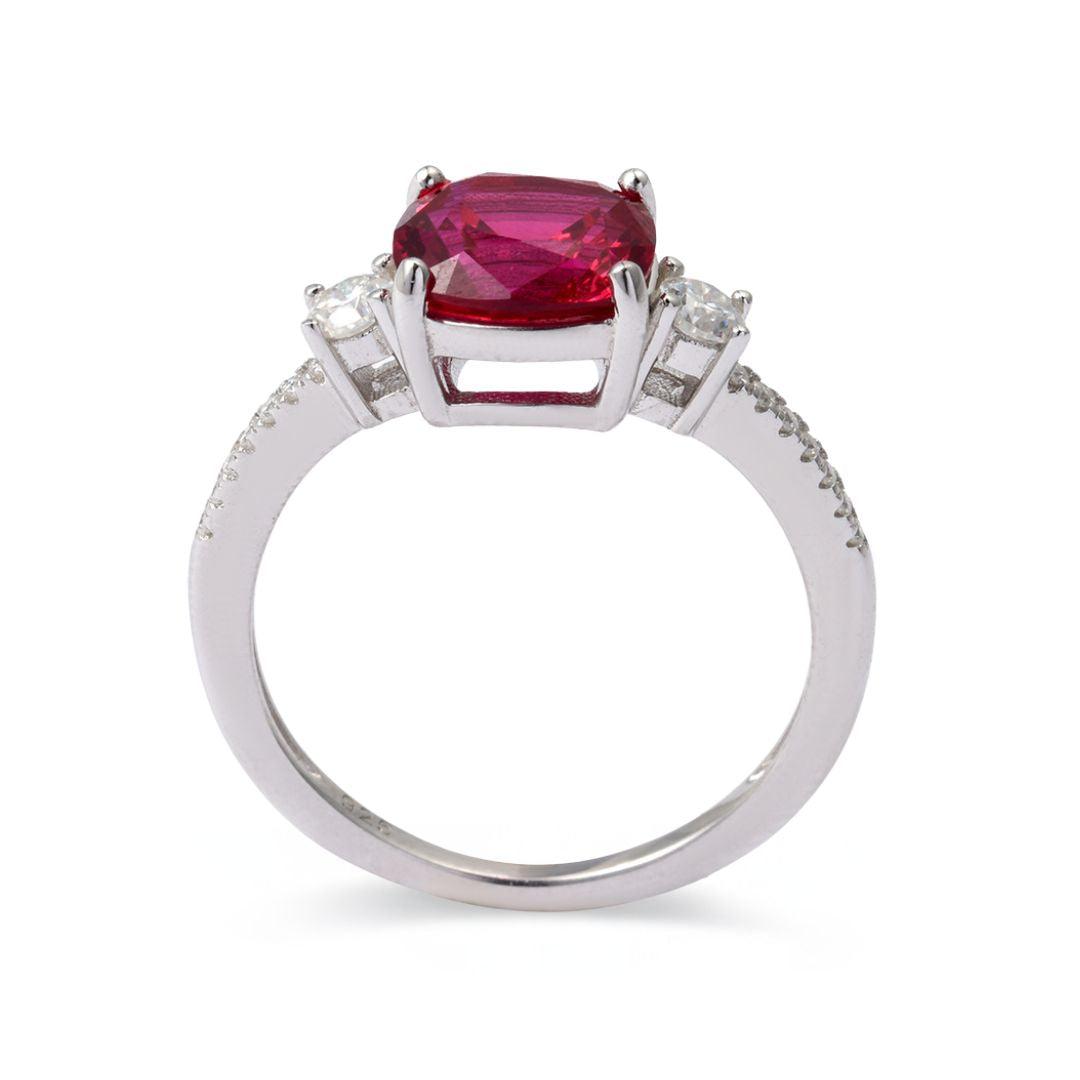 Cushion Red Lab Grown Ruby Prong Silver Three Stone Ring
