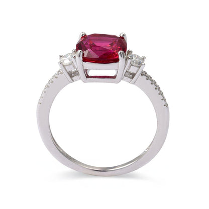 Cushion Red Lab Grown Ruby Prong Silver Three Stone Ring