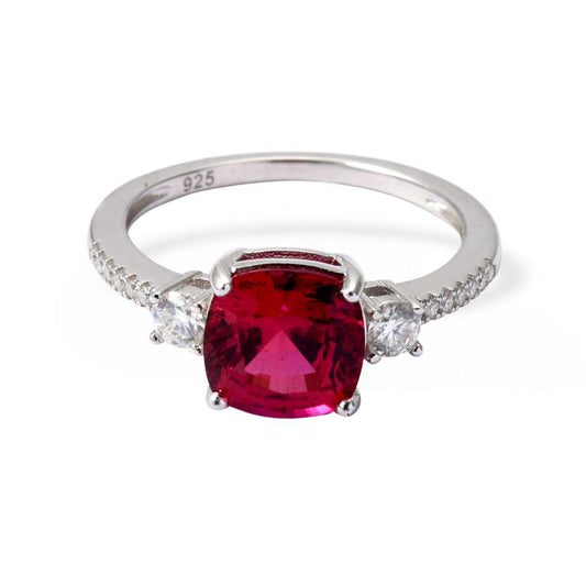 Cushion Red Lab Grown Ruby Prong Silver Three Stone Ring