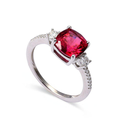 Cushion Red Lab Grown Ruby Prong Silver Three Stone Ring