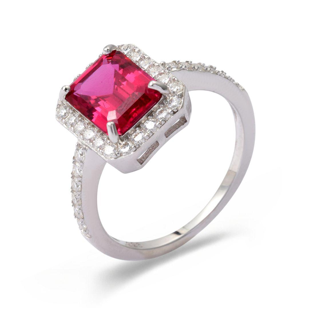 Octagon Created Pink Ruby Prong Silver Halo Ring