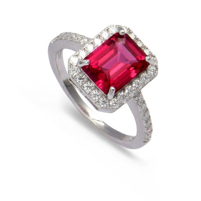 Octagon Created Pink Ruby Prong Silver Halo Ring