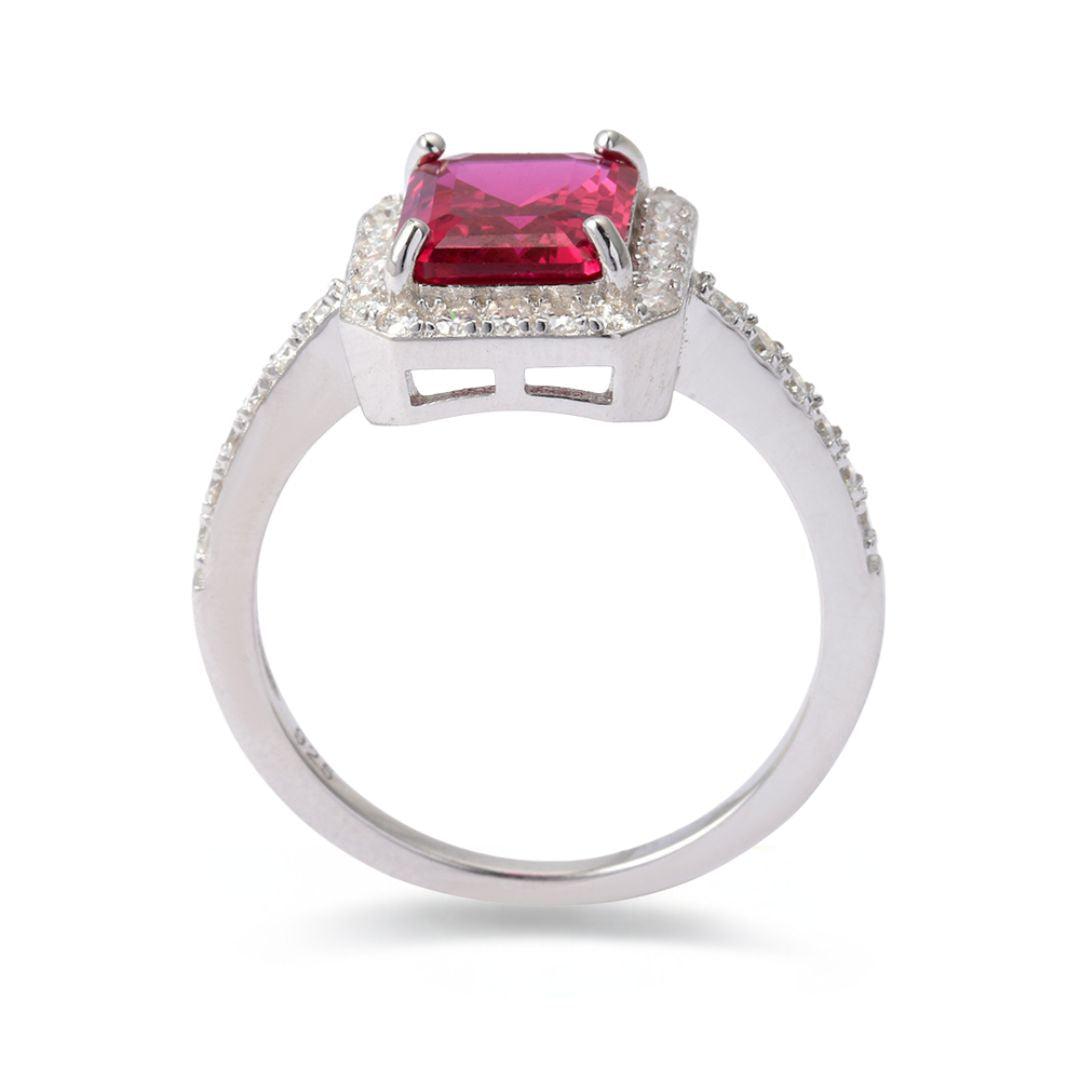 Octagon Created Pink Ruby Prong Silver Halo Ring