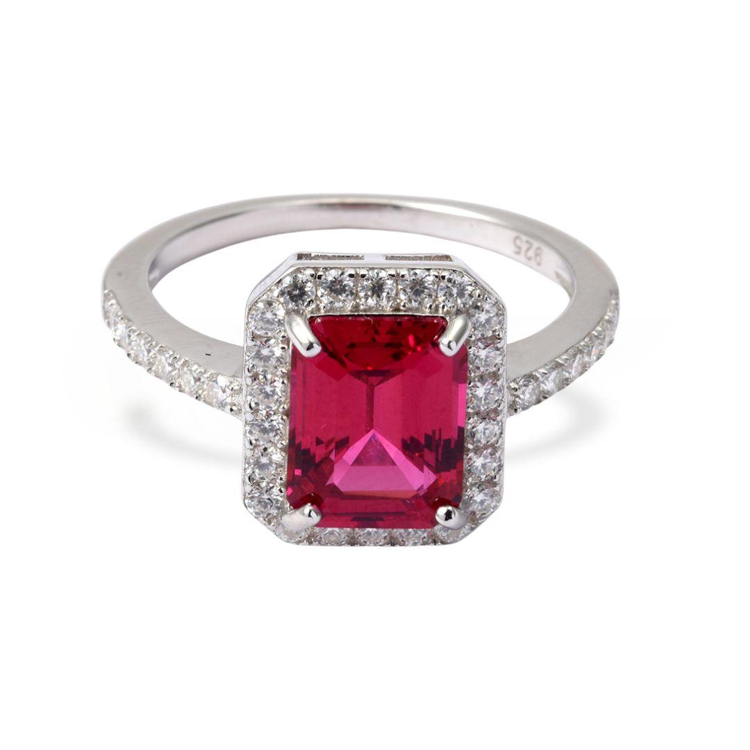 Octagon Created Pink Ruby Prong Silver Halo Ring