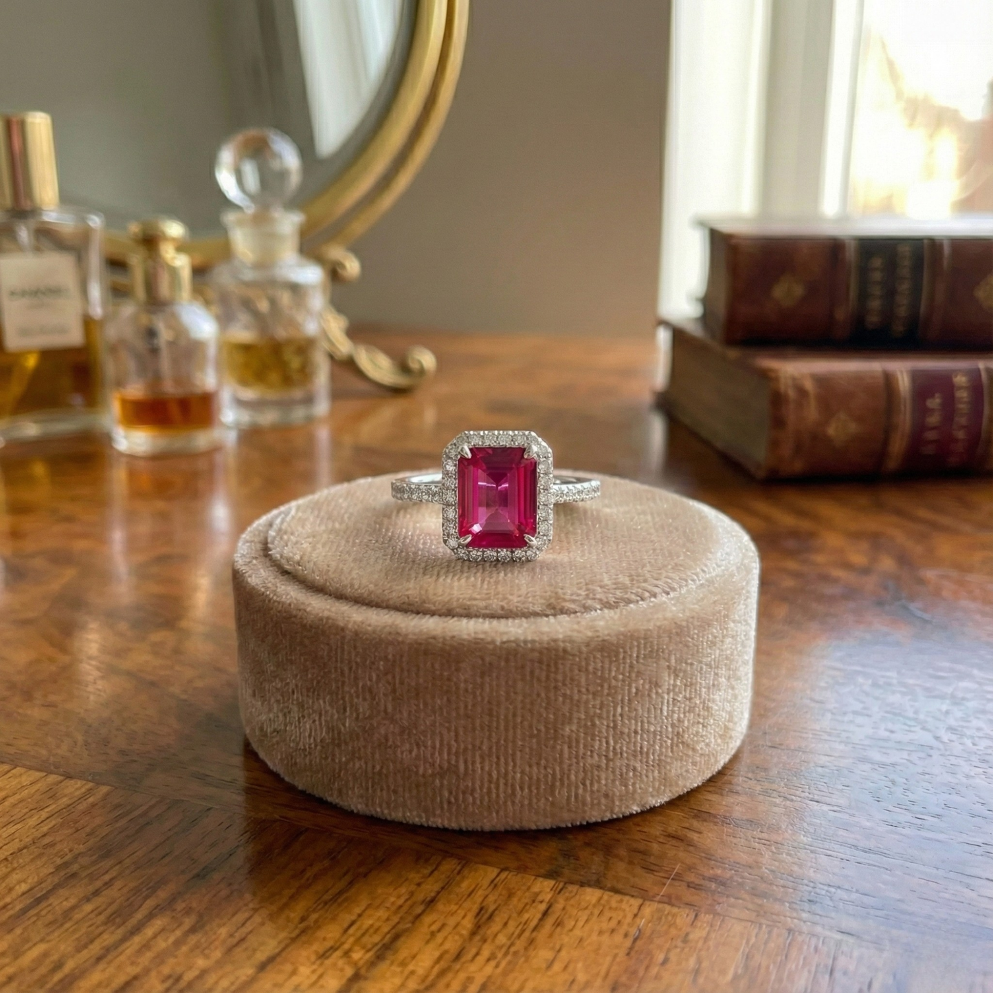 Octagon Created Pink Ruby Prong Silver Halo Ring