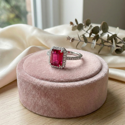 Octagon Created Pink Ruby Prong Silver Halo Ring