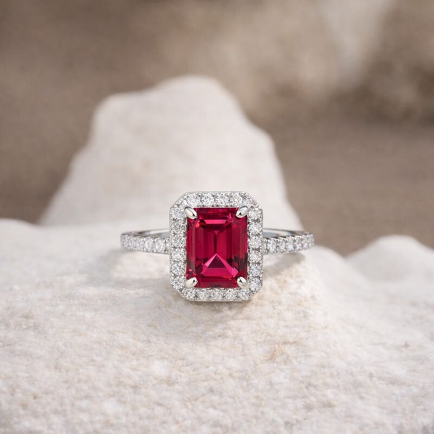 Octagon Created Pink Ruby Prong Silver Halo Ring