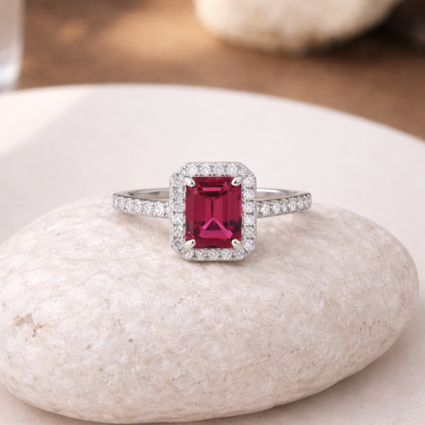 Octagon Created Pink Ruby Prong Silver Halo Ring