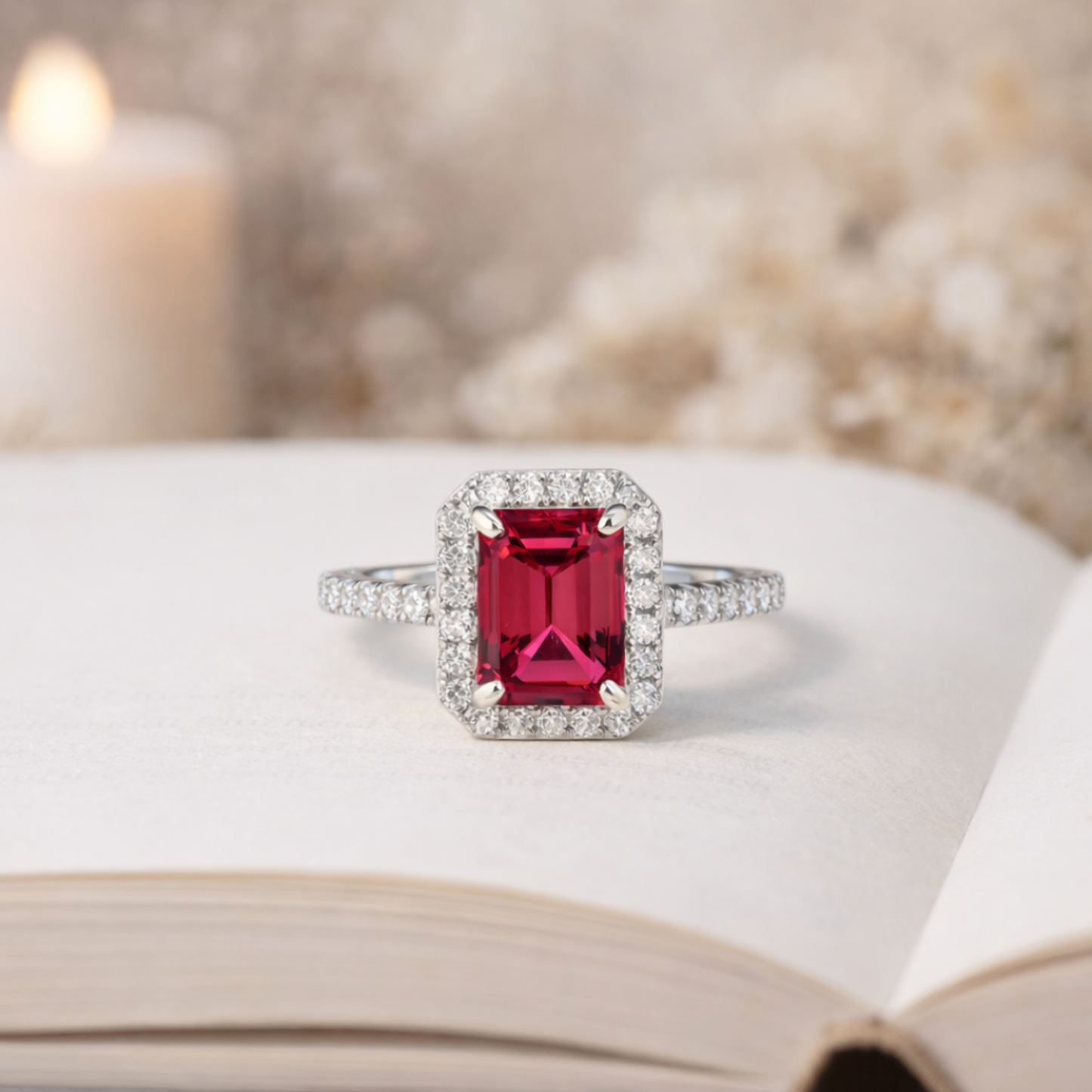 Octagon Created Pink Ruby Prong Silver Halo Ring