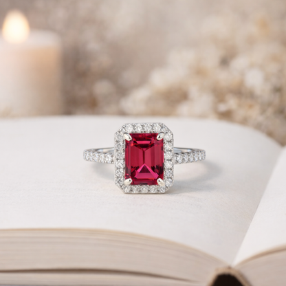 Octagon Created Pink Ruby Prong Silver Halo Ring