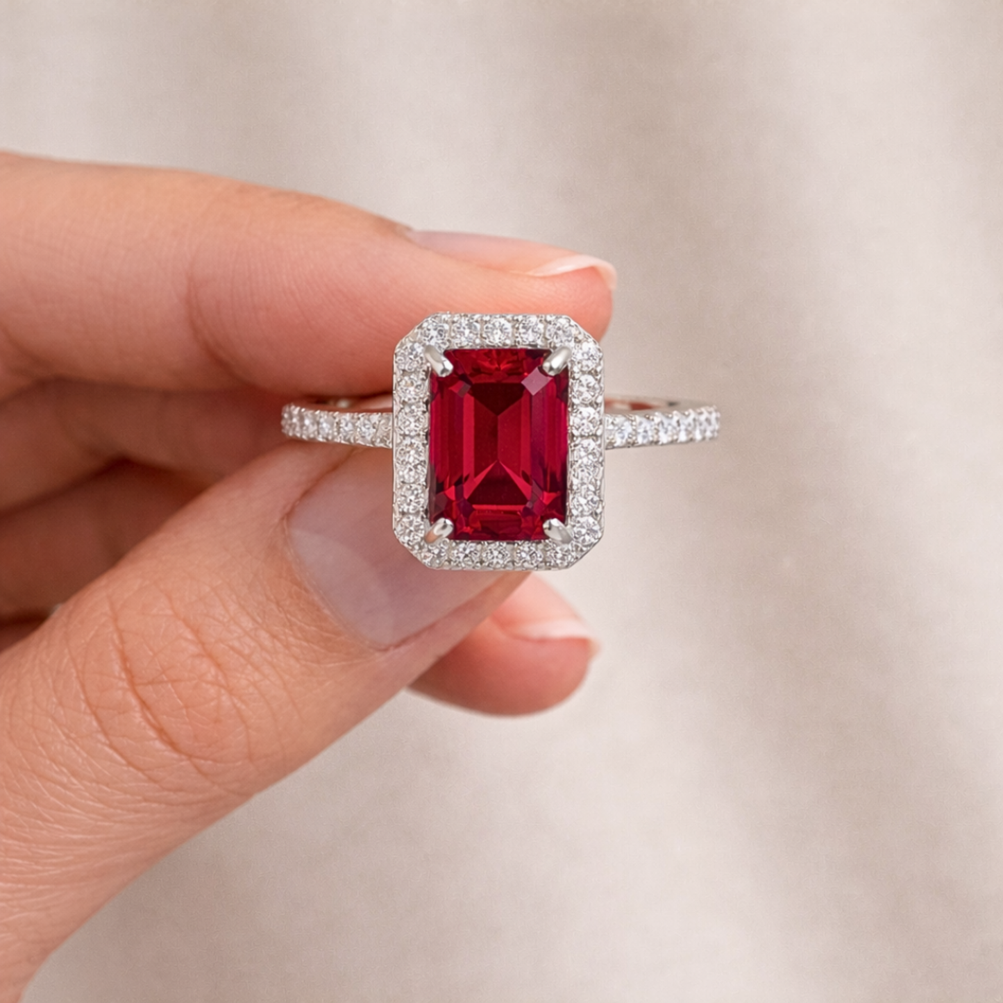 Octagon Created Pink Ruby Prong Silver Halo Ring