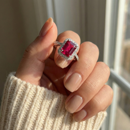 Octagon Created Pink Ruby Prong Silver Halo Ring