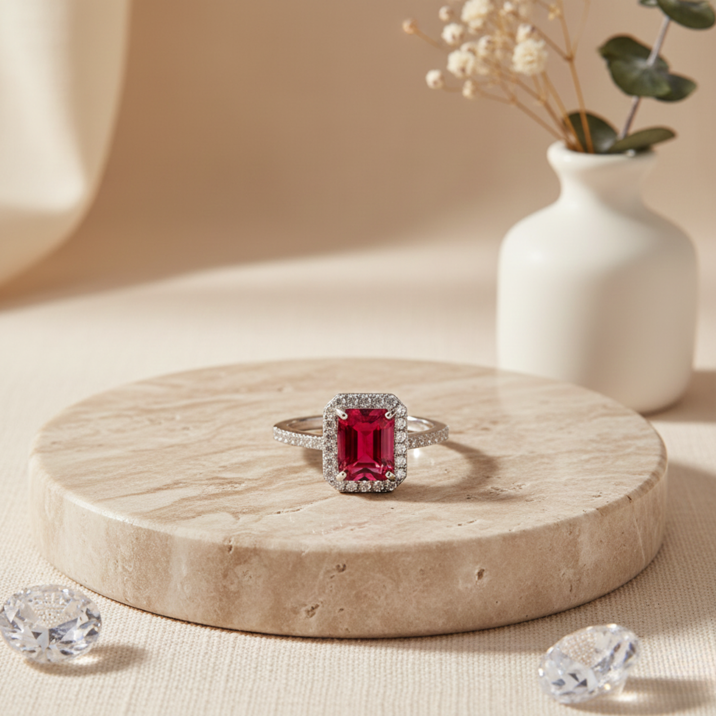 Octagon Created Pink Ruby Prong Silver Halo Ring