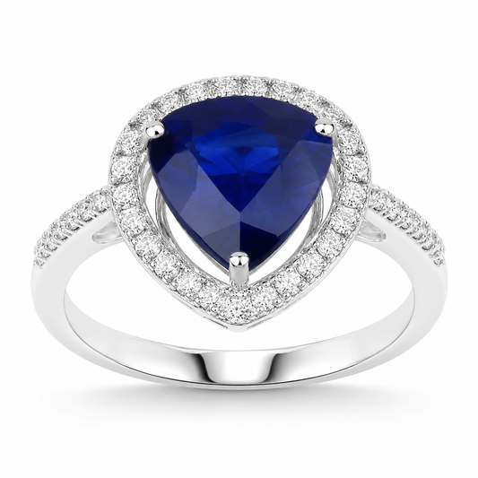 3.47 Ct Pear Ceylon Blue Sapphire and White Diamond Prong 18K White Gold Pave Halo Statement Ring