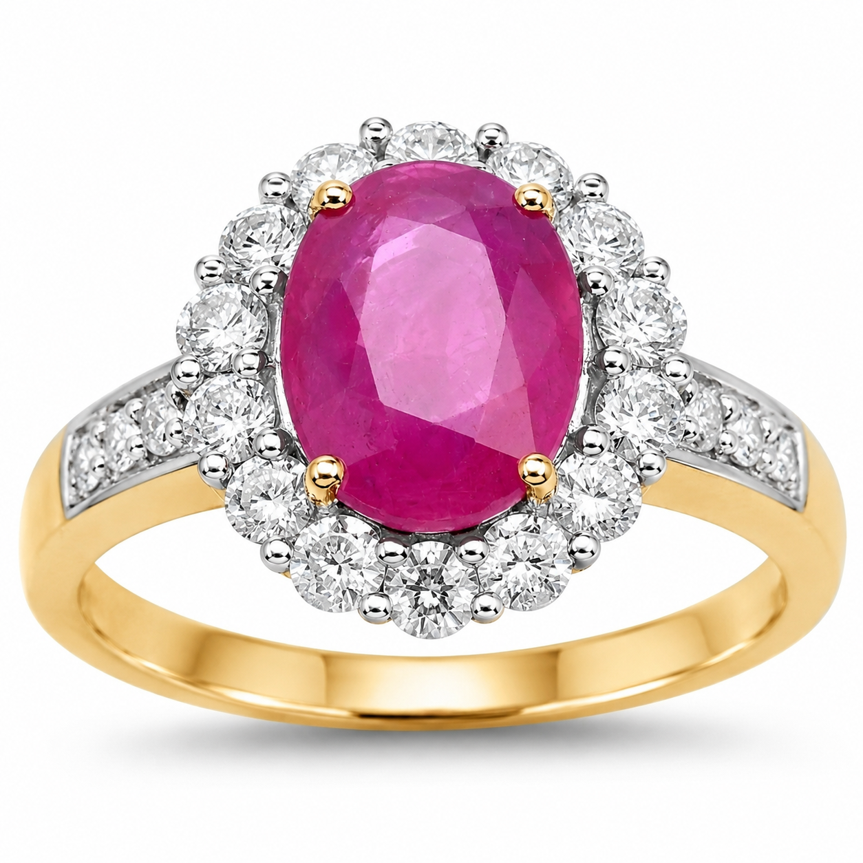 2.85 Ct Oval Pink Burma Ruby and Diamond  Prong 18K Yellow Gold Halo Pave Ring