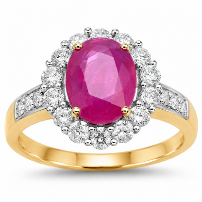 2.85 Ct Oval Pink Burma Ruby and Diamond  Prong 18K Yellow Gold Halo Pave Ring