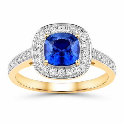 1.31 Ct Cushion Blue Sapphire and White Diamond Prong 18K Yellow Gold Halo Pave Bridge Ring