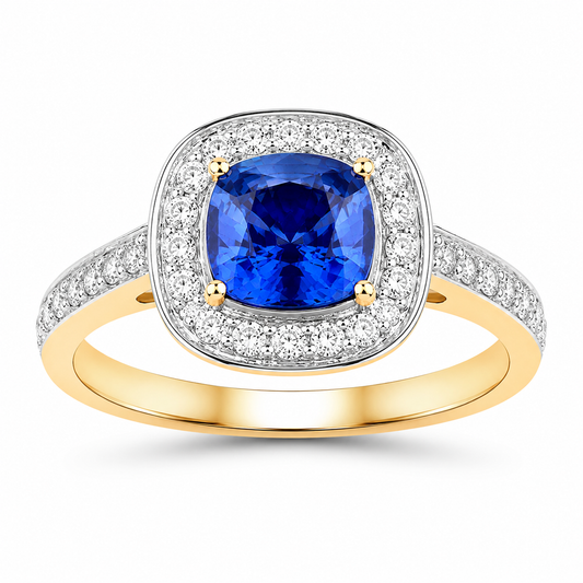 1.31 Ct Cushion Blue Sapphire and White Diamond Prong 18K Yellow Gold Halo Pave Bridge Ring