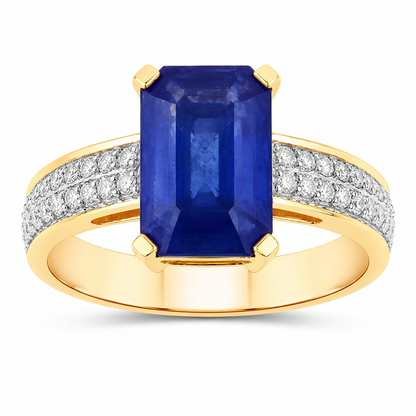 3.14 Ct Octagon Ceylon Blue Sapphire and White Diamond Prong 18K Yellow Gold Pave Bridge Ring