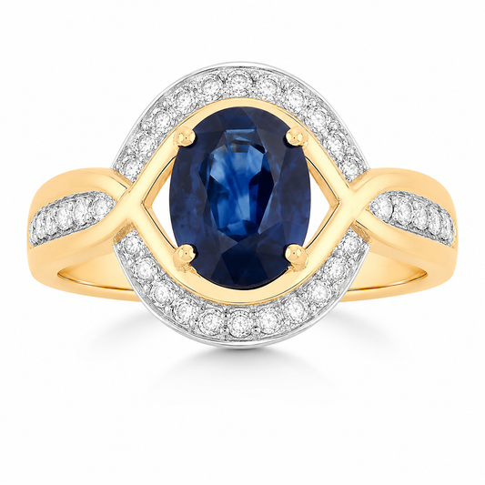2.37 Ct Oval Ceylon Blue Sapphire and White Diamond Prong 18K Yellow Gold Pave Halo Statement Ring