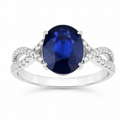 2.18 Ct Oval Ceylon Blue Sapphire and White Diamond Prong 18K White Gold Pave Crossover Engagement Ring