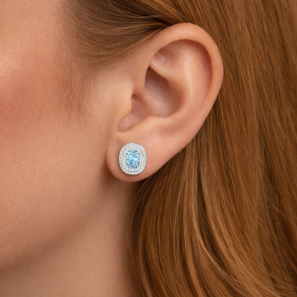 Genuine Diamond and Aquamarine Oval Stud Earrings