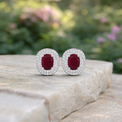 Genuine White Diamond and Ruby Studs