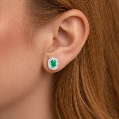 Genuine Diamond and Zambian Emerald 14k Gold Studs