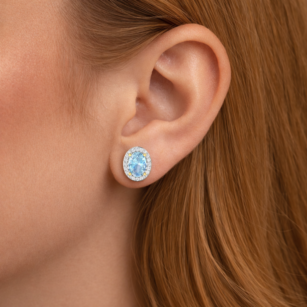 Genuine Diamond Aquamarine Studs Earrings