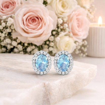 1.40 Ct Oval Blue Aquamarine & Diamond Prong 14k Gold Halo Stud Earrings
