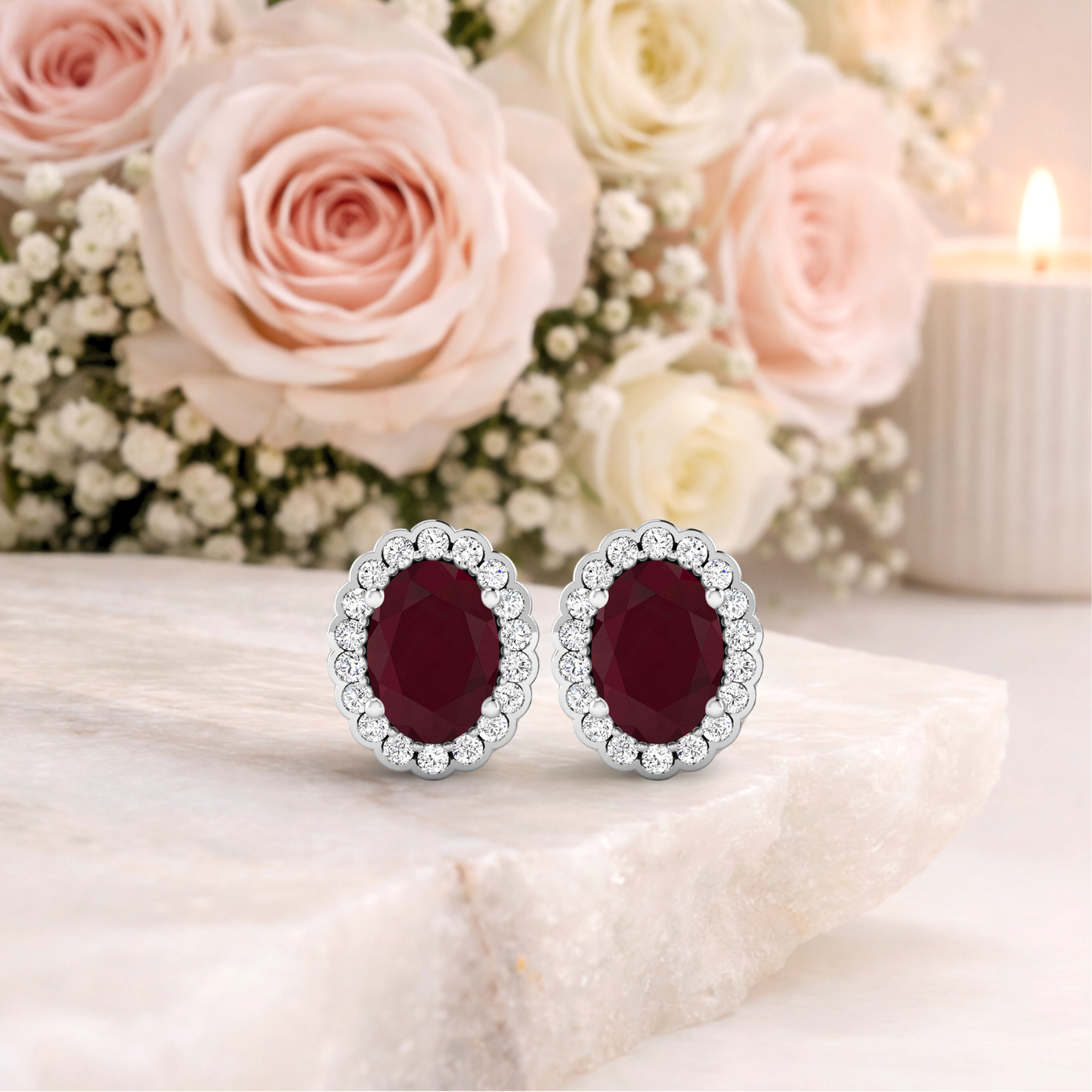 1.90 Ct Oval Pink Ruby & Diamond Prong 14K Gold Halo Stud Earrings