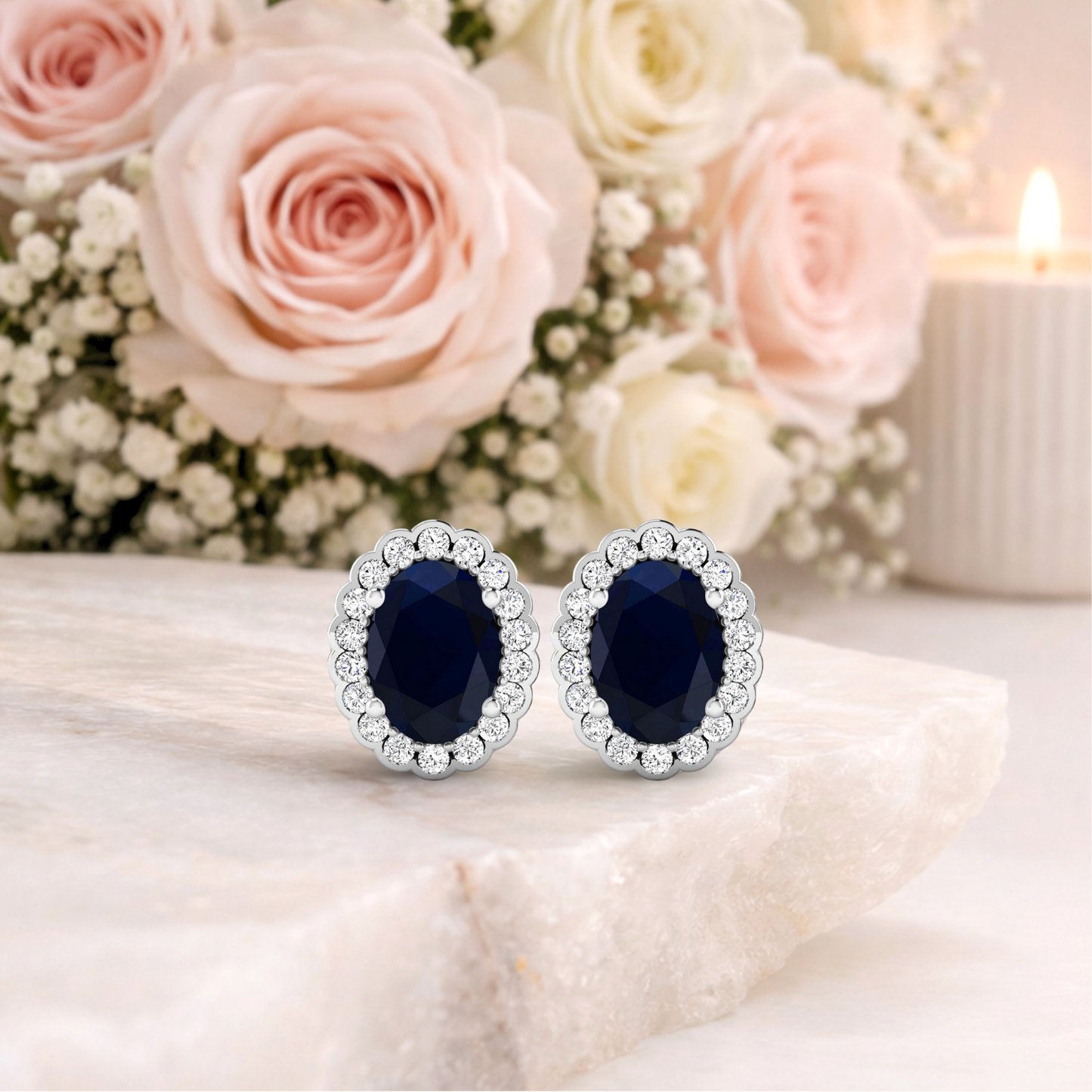 1.80 Ct Oval Blue Sapphire & Diamond Prong 14K Gold Halo Stud Earrings