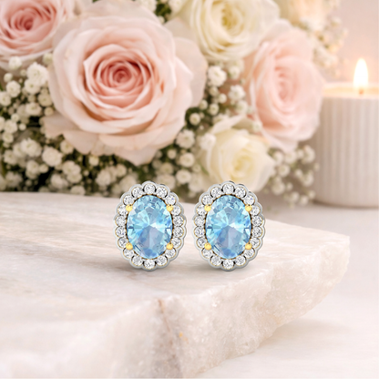 1.40 Ct Oval Blue Aquamarine & Diamond Prong 14k Gold Halo Stud Earrings