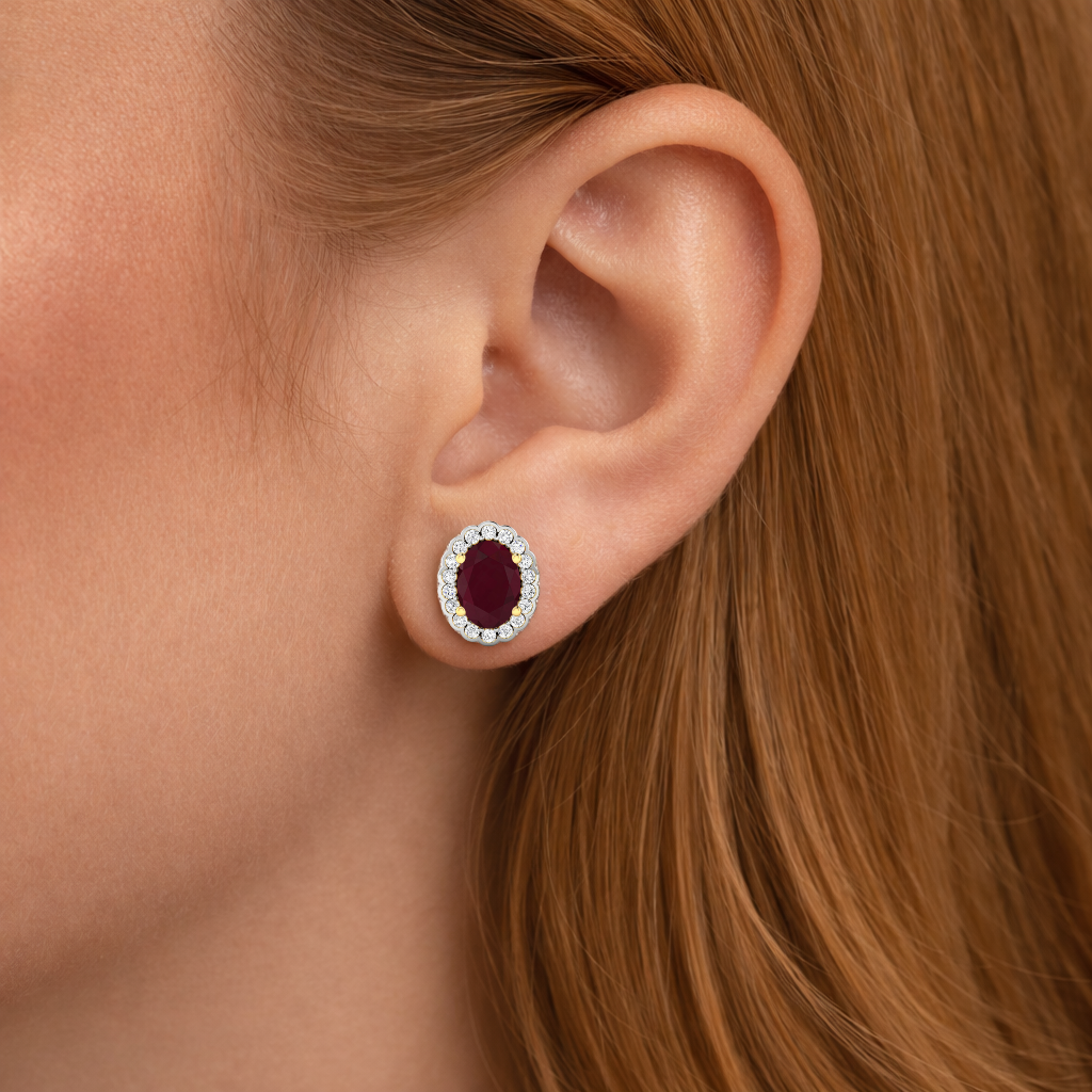 1.90 Ct Oval Pink Ruby & Diamond Prong 14K Gold Halo Stud Earrings