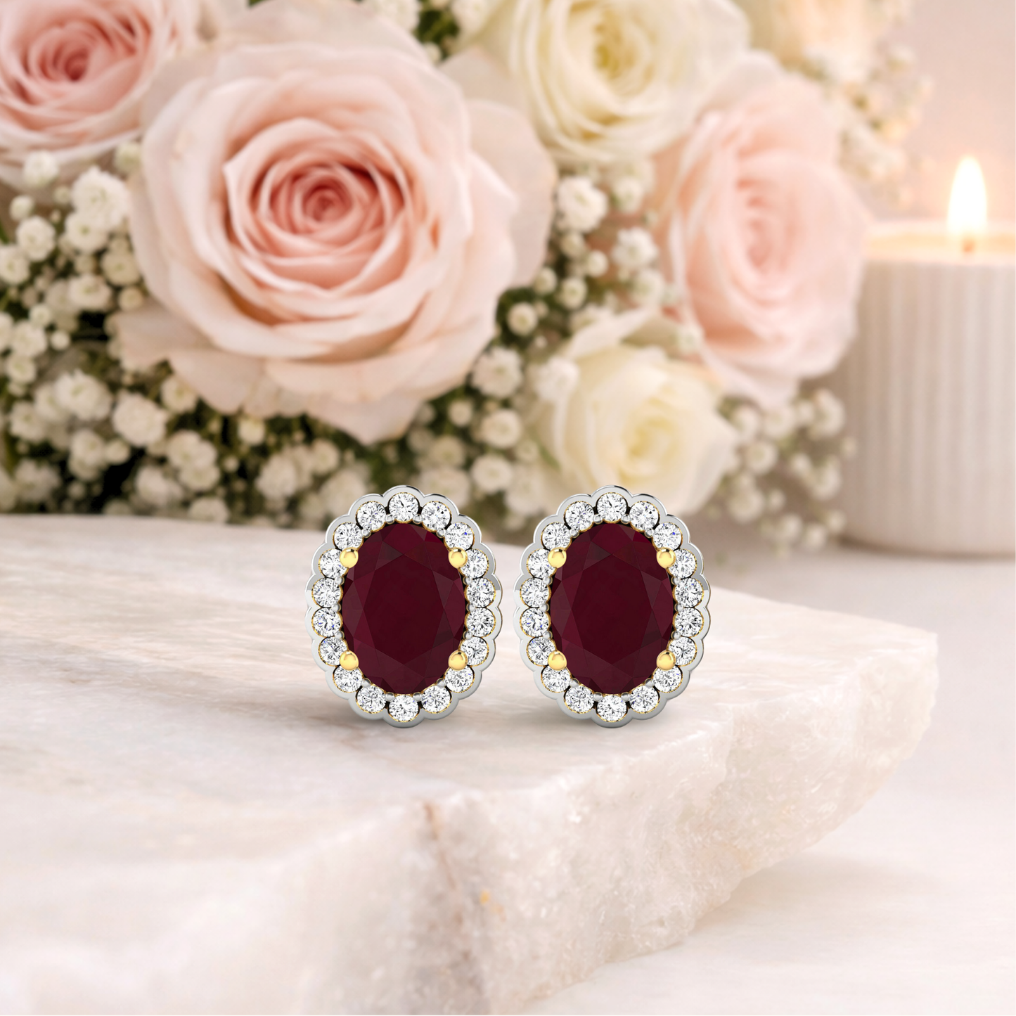 1.90 Ct Oval Pink Ruby & Diamond Prong 14K Gold Halo Stud Earrings