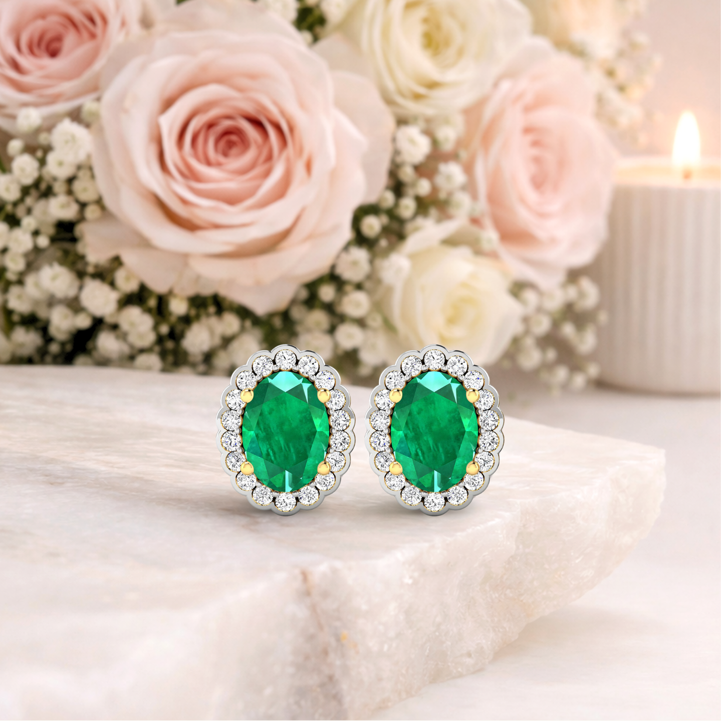 1.40 Ct Oval Green Zambian Emerald & Diamond Prong 14k Gold Halo Stud Earrings