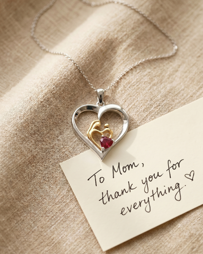 0.50 CTTW Heart Pink Ruby Prong Silver Mom Pendant Necklace