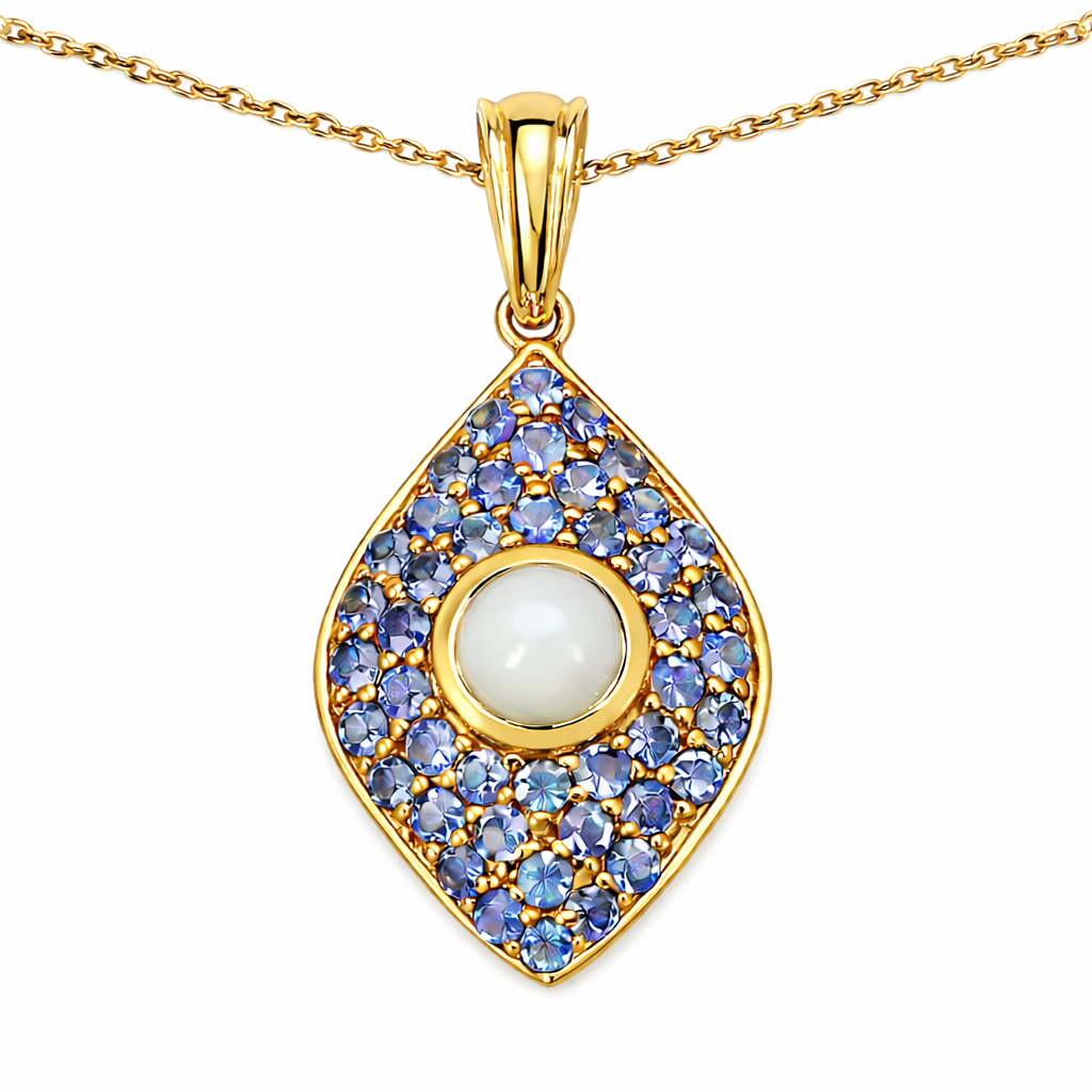 1.82 Ct Round White Ethiopian Opal & Tanzanite Prong Silver Cocktail Pendant Necklace