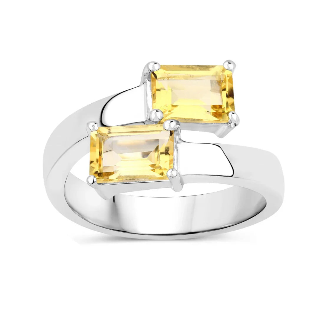 3.43 Ct Round Yellow Citrine and White Topaz Prong Silver Bypass Ring